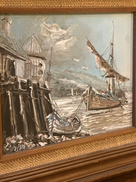 FRAMED VINTAGE HARBORSCAPE, OIL ON BOARD. SIGNED 15 1/4" x 13 1:4
