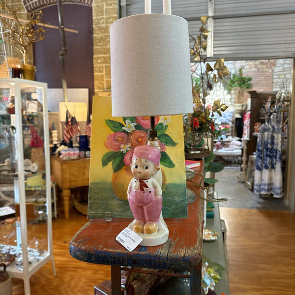 Sweet Dutch boy pink ceramic lamp as found