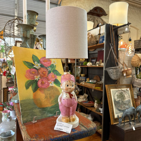 Sweet Dutch boy pink ceramic lamp as found