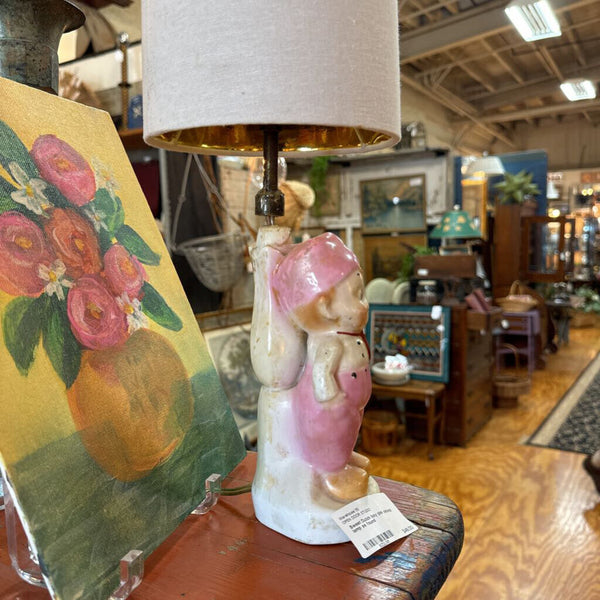 Sweet Dutch boy pink ceramic lamp as found