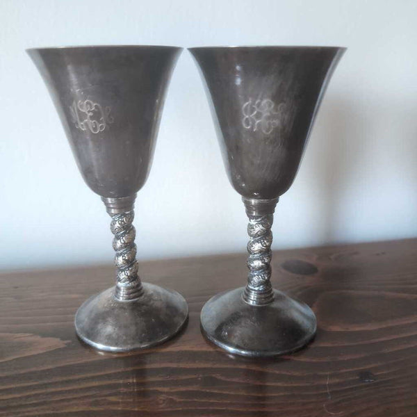 Pr of Mid Century Silverplate Wine Glasses from Spain 6 in.