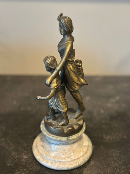 BRONZE WOMAN AND GIRL FIGURES ON MARBLE BASE. 9"H x 4"W