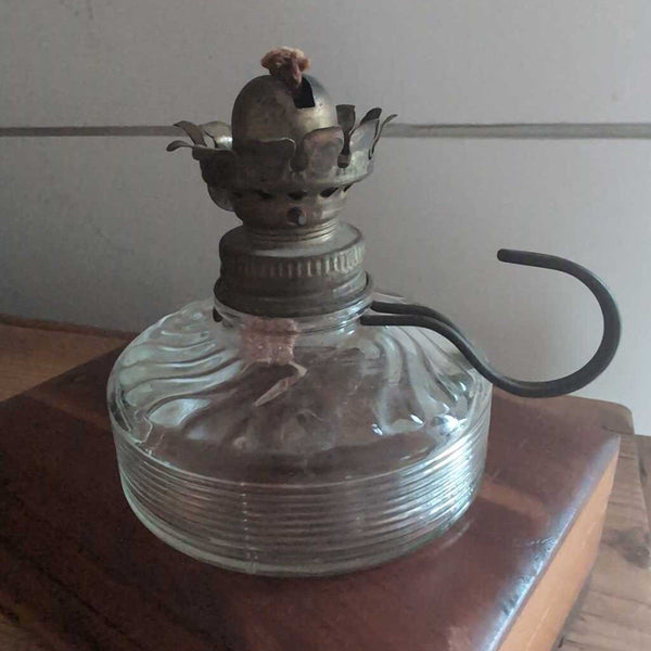 Antique Clear Glass Finger Oil Lamp with Metal Handle 3 in