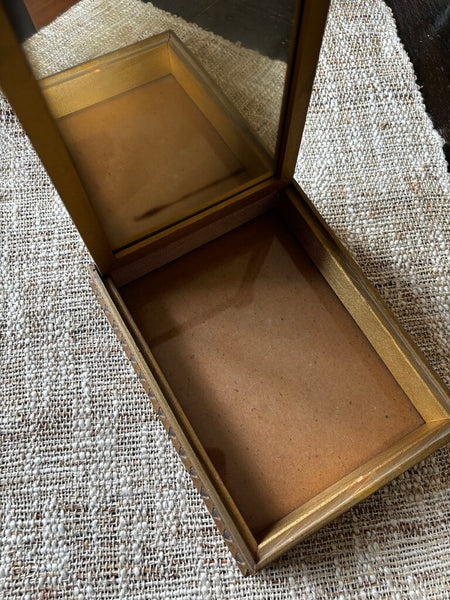 ANTIQUE WOOD DRESSER JEWELRY BOX with Boy and Bunny SCENE and MIRROR