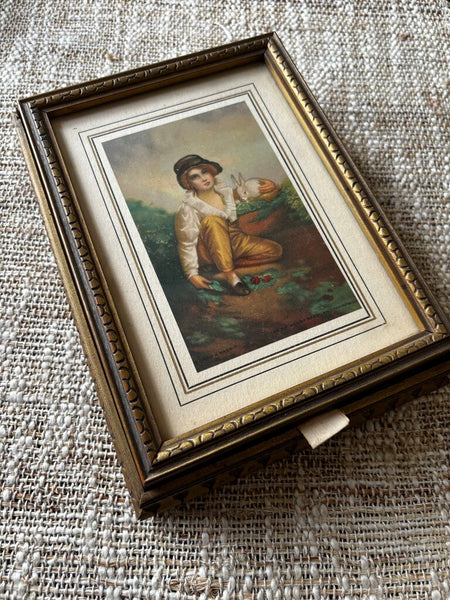 ANTIQUE WOOD DRESSER JEWELRY BOX with Boy and Bunny SCENE and MIRROR
