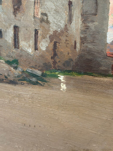 2211 Antique French Architectural Ruins Oil on Wood Panel Painting