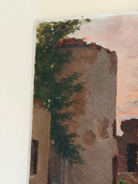 2211 Antique French Architectural Ruins Oil on Wood Panel Painting