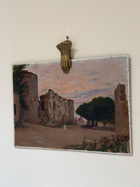 2211 Antique French Architectural Ruins Oil on Wood Panel Painting