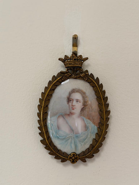 2449 French Antique Miniature Hand Painted Portrait of Woman in Crown Motif Frame