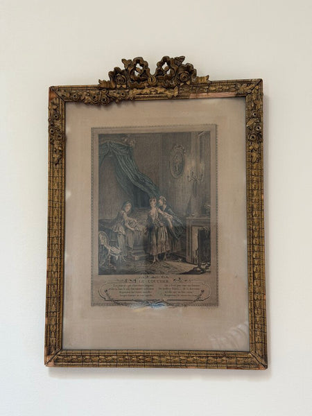 0501 18th C. Hand Colored French Engraving "Le Coucher" by Duclos & Bosse in Bow Swag Frame (as-is)