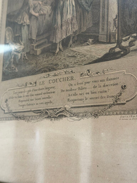0501 18th C. Hand Colored French Engraving "Le Coucher" by Duclos & Bosse in Bow Swag Frame (as-is)