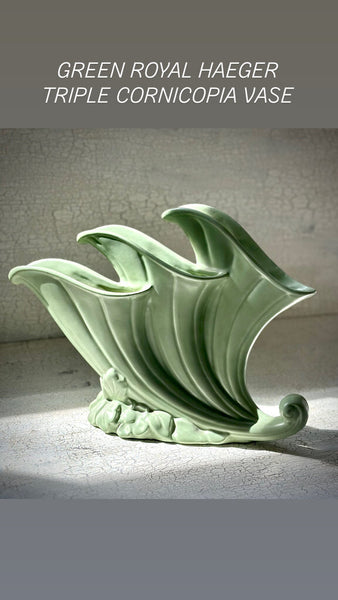 HAEGER TRIPLE GREEN CORNUCOPIA VASE