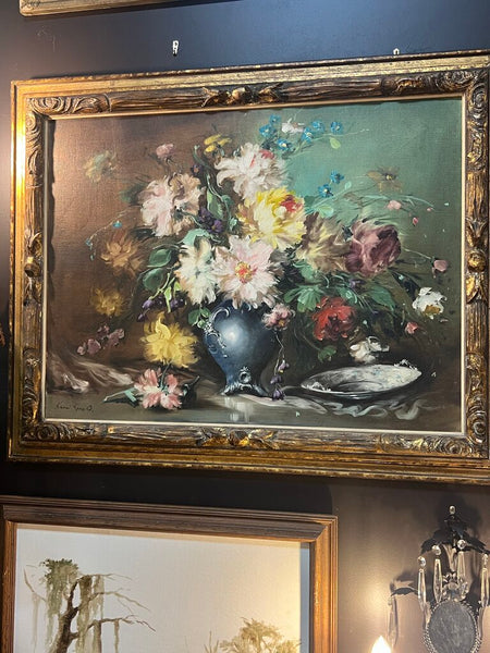 Vintage Signed Floral Oil Painting 36x31