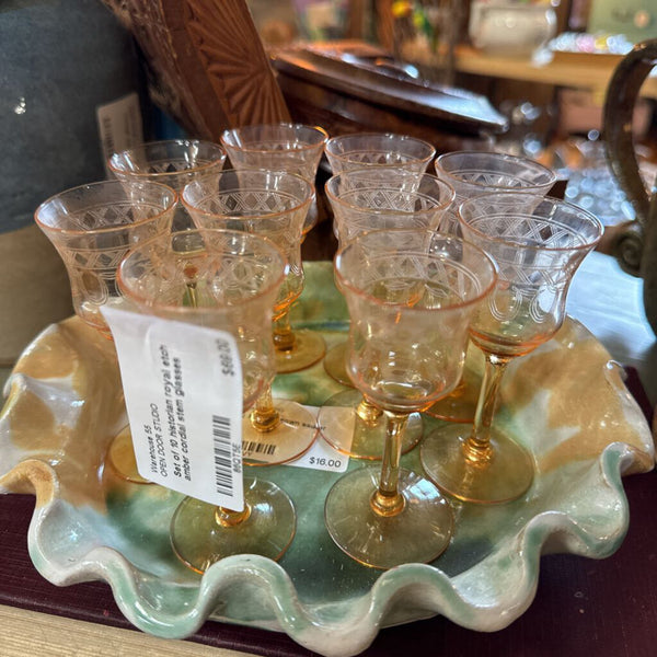 Set of 10 historian royal etch amber cordial stem glasses