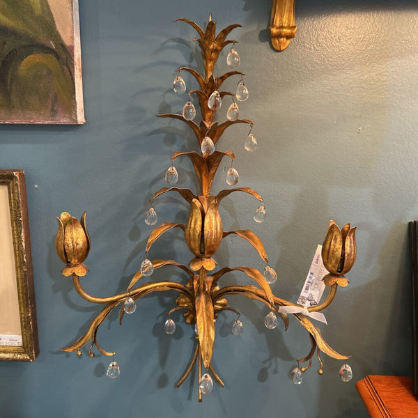 ITALIAN GILT TOLE WALL SCONCE WITH CRYSTALS