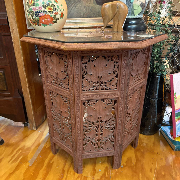 Large Anglo / Indian side table carved (old) early 1900 with octagonal glass top (wood top as found)