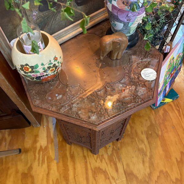 Large Anglo / Indian side table carved (old) early 1900 with octagonal glass top (wood top as found)