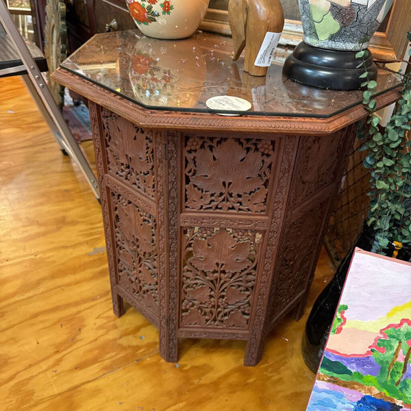 Large Anglo / Indian side table carved (old) early 1900 with octagonal glass top (wood top as found)
