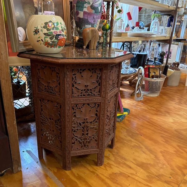 Large Anglo / Indian side table carved (old) early 1900 with octagonal glass top (wood top as found)
