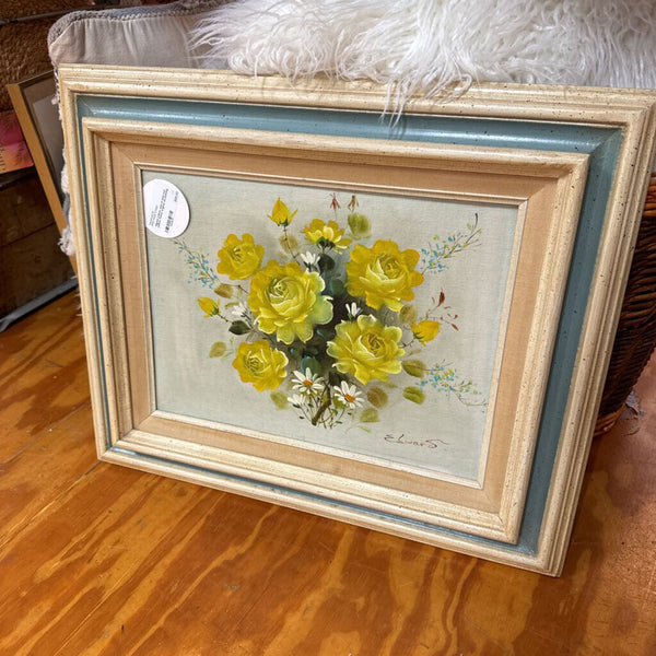 Signed yellow rose in blue and yellow frame original oil painting