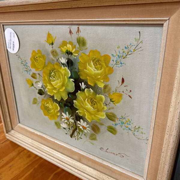 Signed yellow rose in blue and yellow frame original oil painting