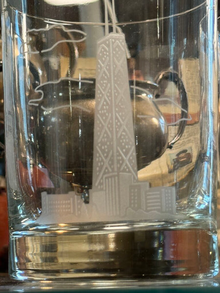Set of 6 signed Marshall field's etched includes Chicago art museum, field's clock, marina towers, Picasso, Hancock building , Chicago water tower