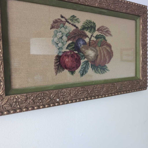 Beautifully Framed Antique Fruit Crossstitch Art Piece in Gold Frame with Glass 24x14