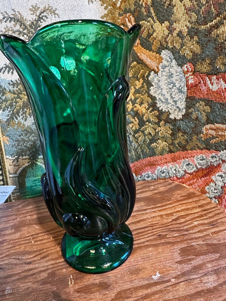 Vintage Green Glass Fenton Vase 8.5 T Heavy