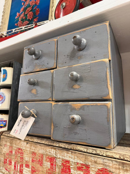 JFV ~ Vintage wood cubby box with metal side drawers.