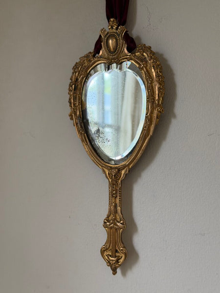 2028 Heavy Antique French Bronze Hand Mirror