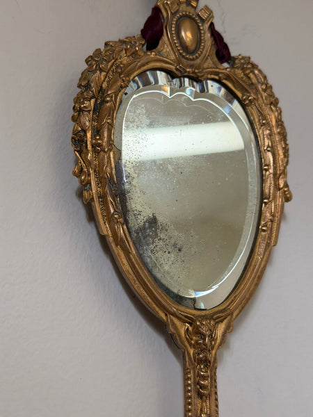 2028 Heavy Antique French Bronze Hand Mirror