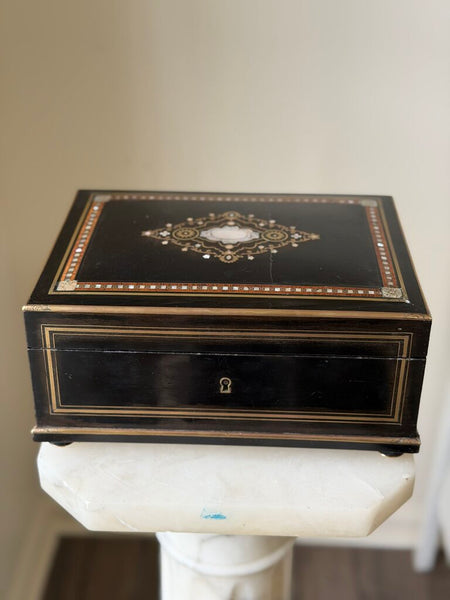 2303 Antique French Ebonized Wood, Brass & Abalone Shell Inlay Jewelry Box w/ Original Tufted Silk Lining