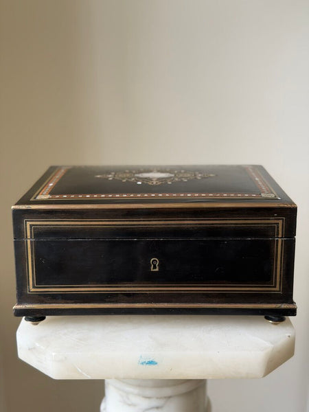 2303 Antique French Ebonized Wood, Brass & Abalone Shell Inlay Jewelry Box w/ Original Tufted Silk Lining