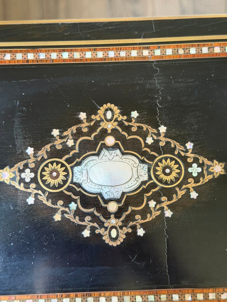 2303 Antique French Ebonized Wood, Brass & Abalone Shell Inlay Jewelry Box w/ Original Tufted Silk Lining