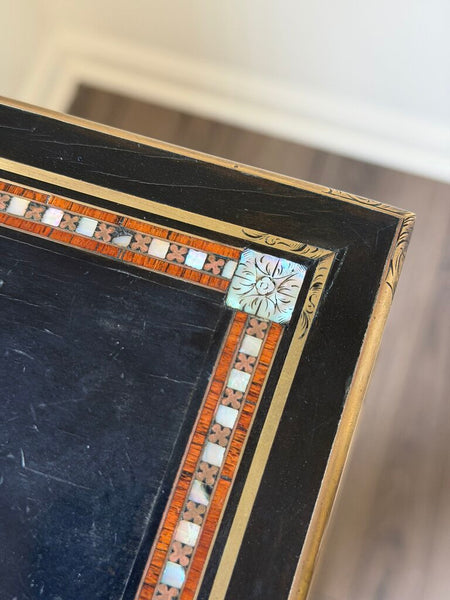 2303 Antique French Ebonized Wood, Brass & Abalone Shell Inlay Jewelry Box w/ Original Tufted Silk Lining
