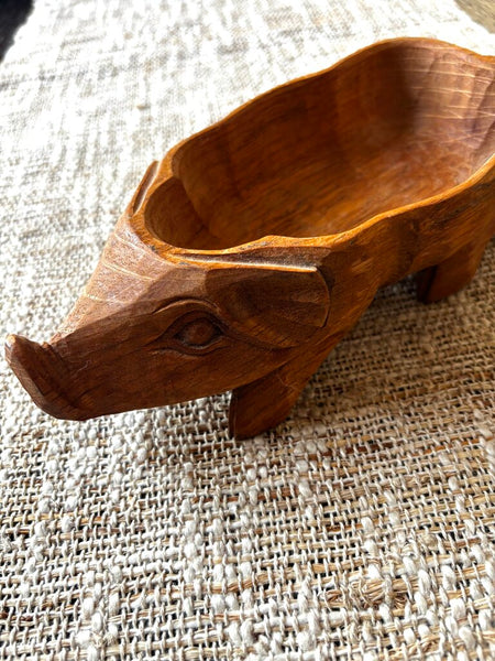 Vintage WOODEN PIG BOWL HAND CARVED