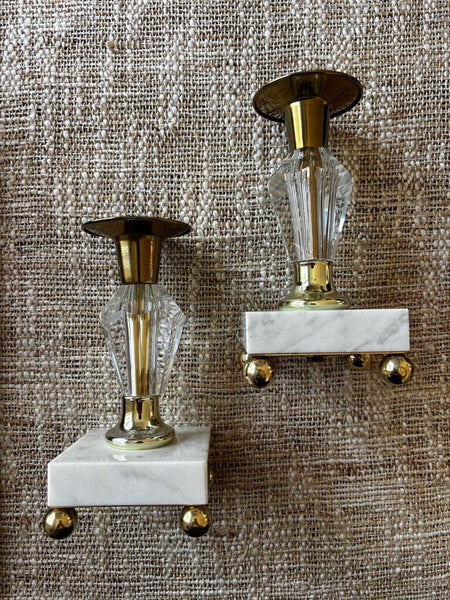 Vintage Brass & Lucite Candlestick Holders w/ Marble Base