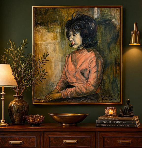 1961 Wood Framed Painting of Dark Haired Woman by Serritella 44.5 x 36.5 (in store PU)