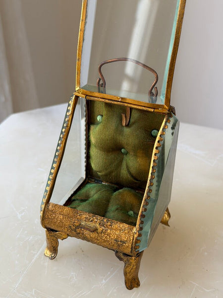 2374 Antique French Green Silk Pocket Watch/Jewelry Display Case