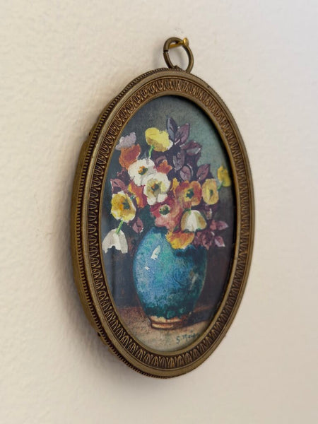 2496 Miniature Signed French Floral Watercolor Painting in Oval Bronze Frame