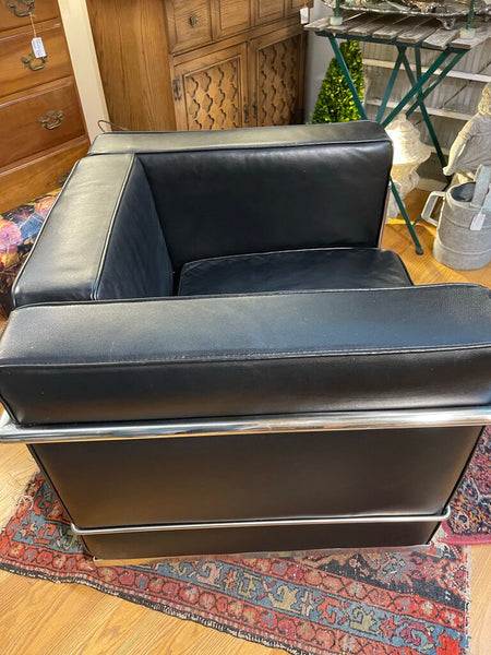 Petite black leather club chair as is