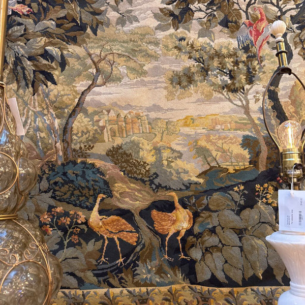 Beautiful Flemish Woven Tapestry of Grand Castle and Trees and birds