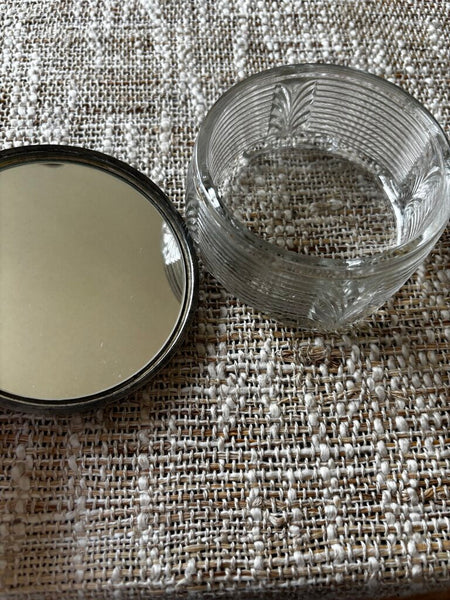 Vintage Glass Powder Jar / Vanity Dresser Silver Plate Lid Mirrored Inside