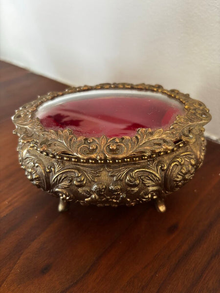 Vintage Ornate Red Lining Footed Brass & Glass Trinket Jewelry Box