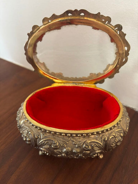 Vintage Ornate Red Lining Footed Brass & Glass Trinket Jewelry Box