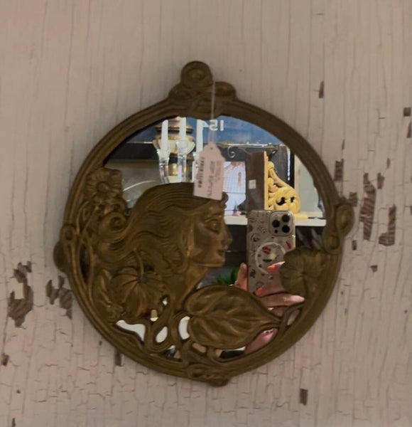 Vintage Art Nouveau Lady Brass Mirror ~ 10.25" w x 10.75" l