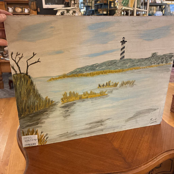 Vintage Oil on Board Lighthouse Seascape. 12" x 16"