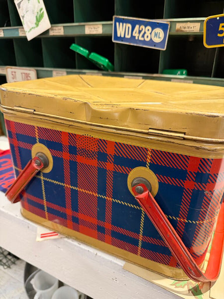 JFV ~ Vintage Blue and red plaid Pinic tin