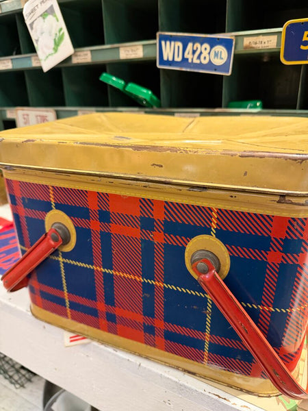 JFV ~ Vintage Blue and red plaid Pinic tin