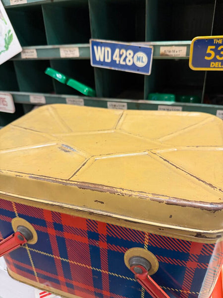 JFV ~ Vintage Blue and red plaid Pinic tin